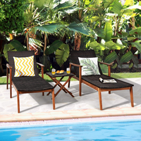 Tangkula 3 Pieces Outdoor Chaise Set, Wicker Rattan Lounge Chair w/Acacia Wood Frame & 4 Adjustable Positions