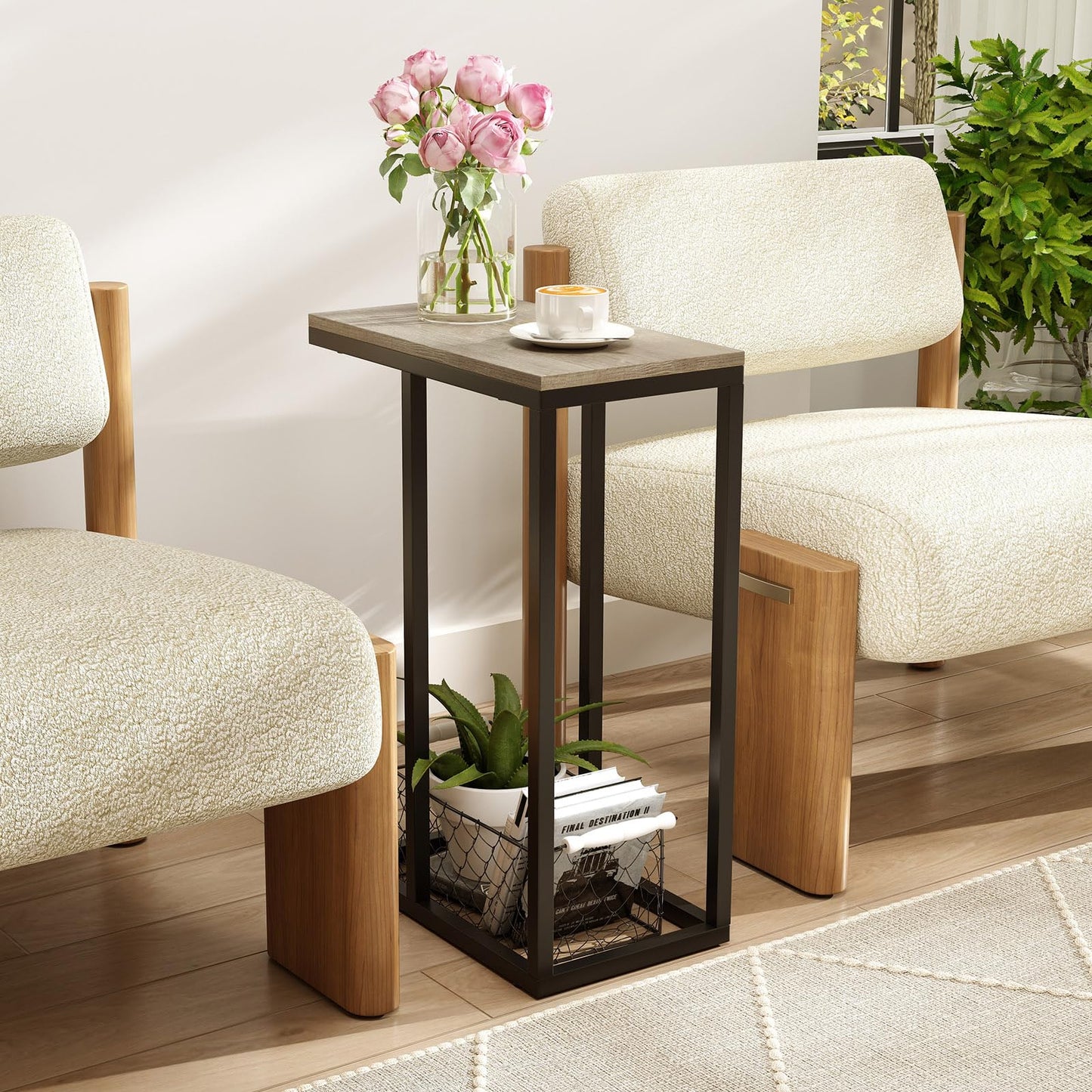 Tangkula C-Shaped End Table Slide Under Couch TV Tray