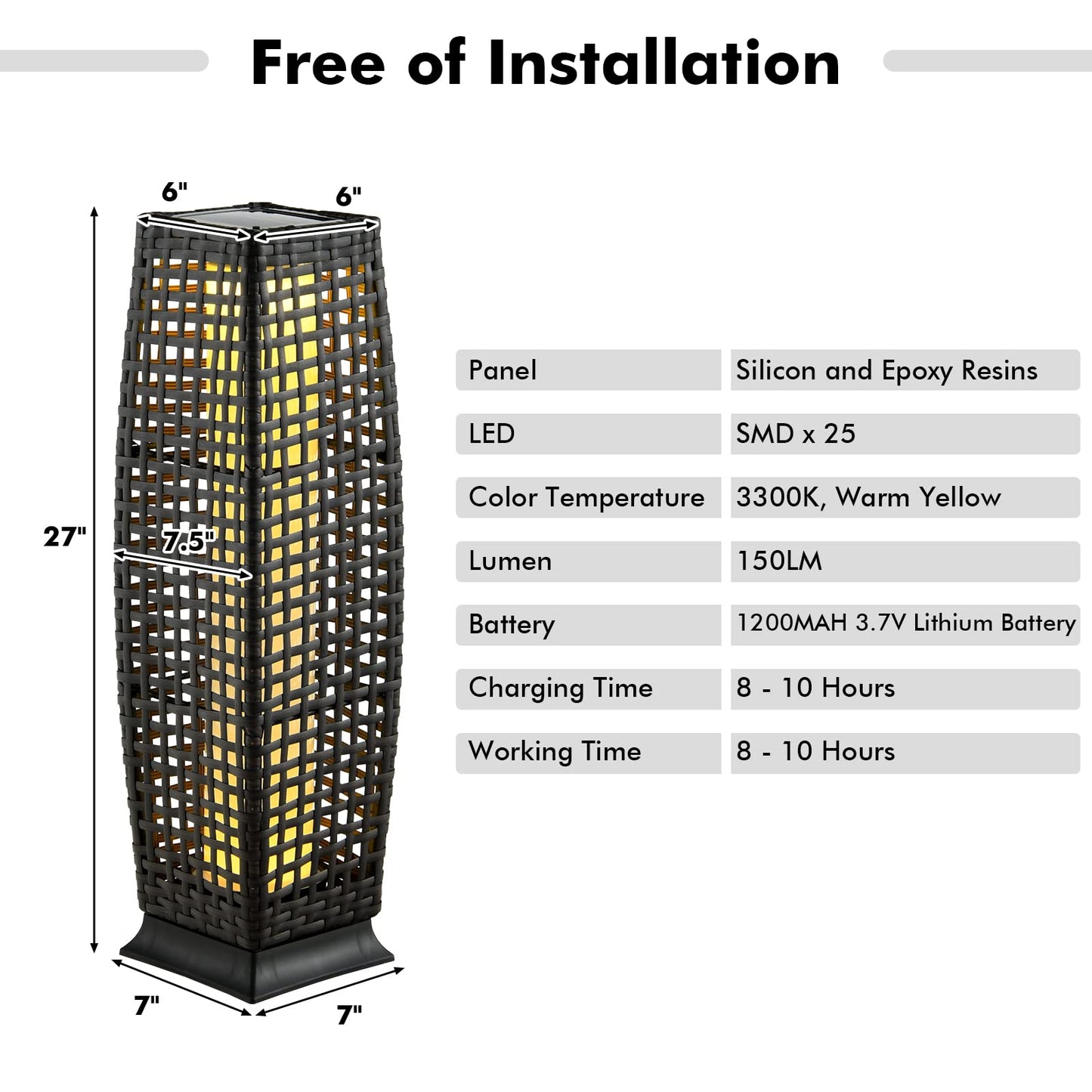Tangkula 2-Piece Outdoor Solar Powered Floor Lamps, IP65 Waterproof Wicker Floor Lamps with Auto On/Off LED Light