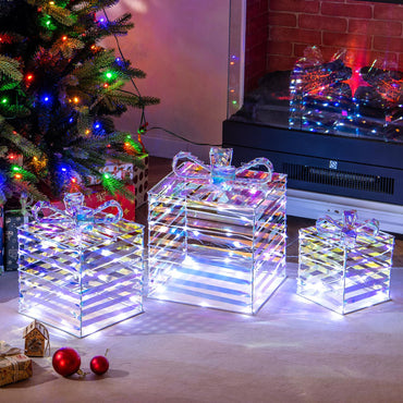 Tangkula Set of 3 Christmas Lighted Gift Boxes with Bows and Plug