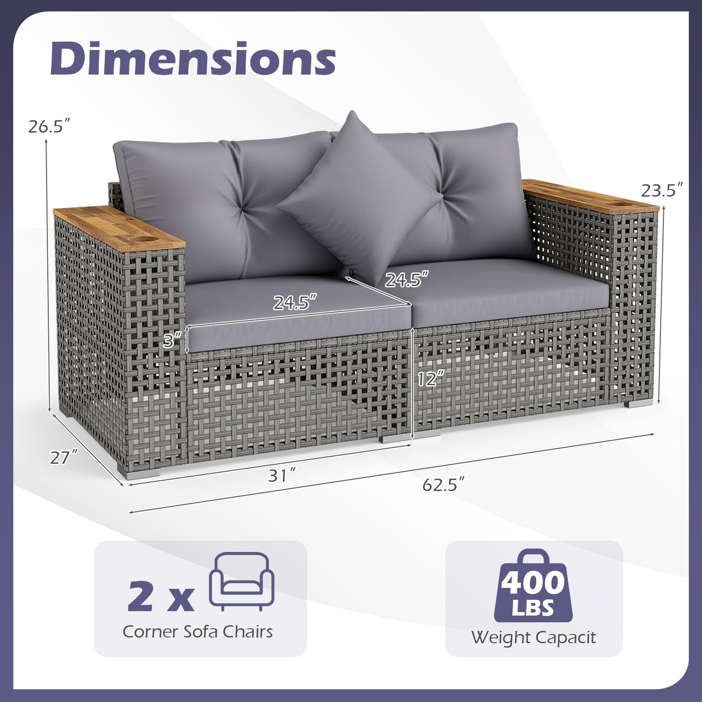 Tangkula 62.5" Large Patio Wicker Loveseat with Acacia Wood Armrests & Cup Holders