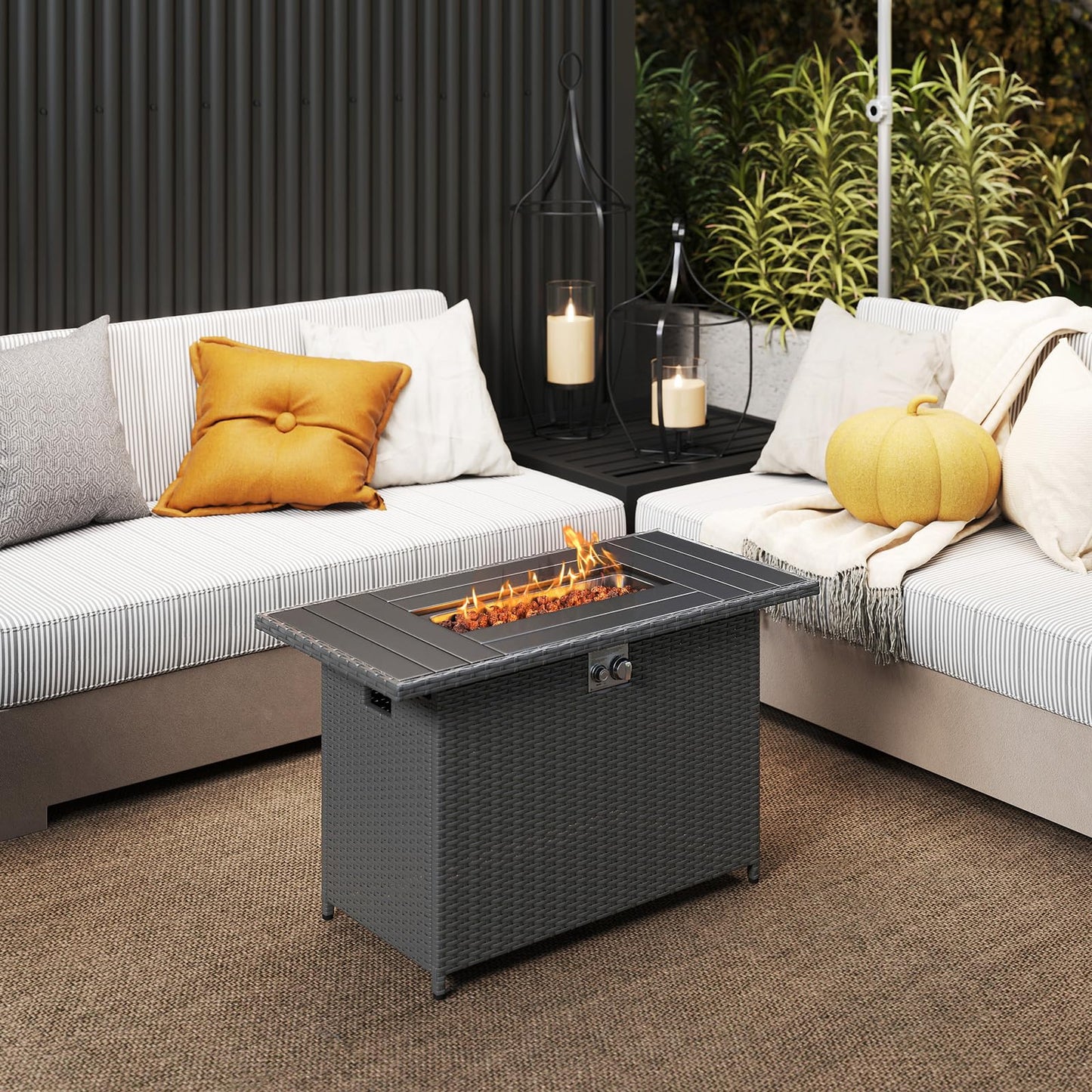Tangkula 44.5 Inch Propane Fire Pit Table Rattan Gas 2-in-1 with Stainless Steel Burner