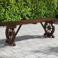 Banc en bois rustique Tangkula pour patio, banc long en bois carbonisé avec base en roue de chariot, siège à lattes
