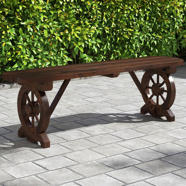 Banc en bois rustique Tangkula pour patio, banc long en bois carbonisé avec base en roue de chariot, siège à lattes
