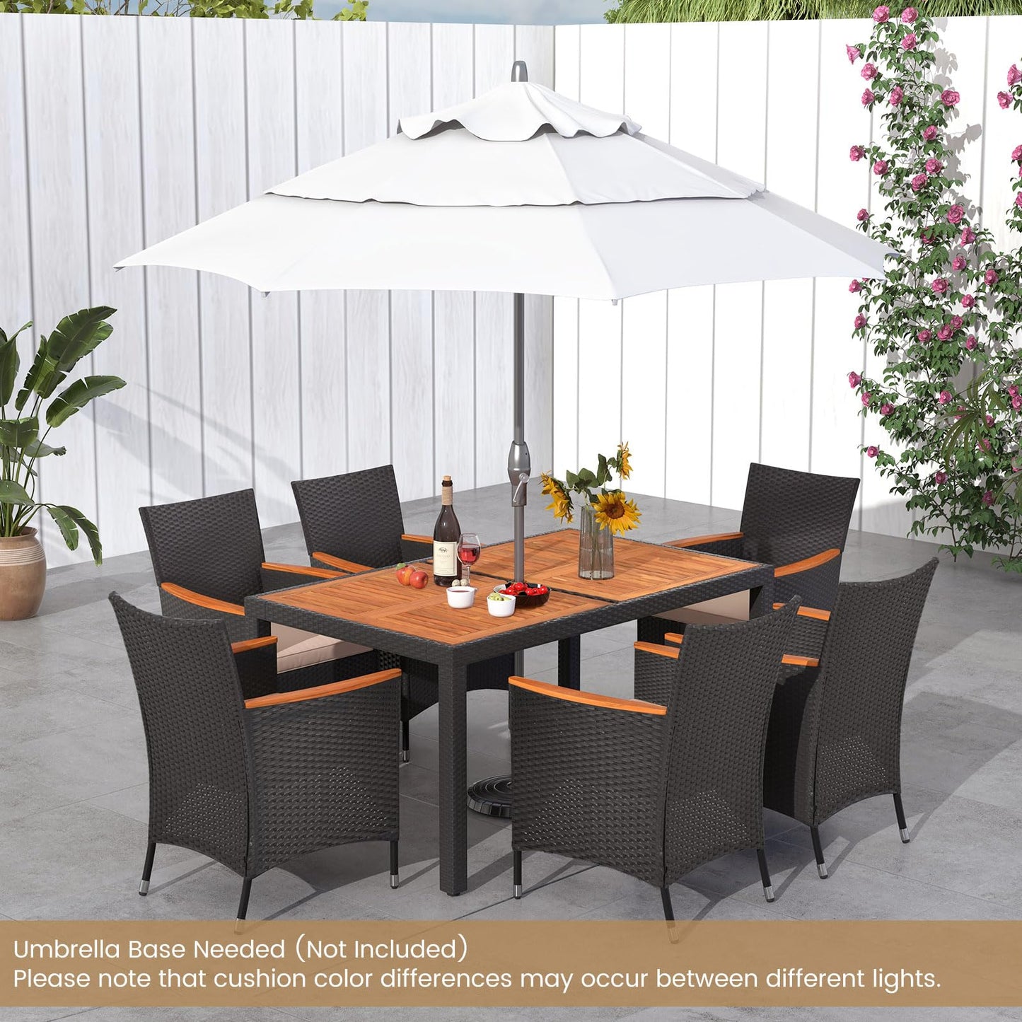Tangkula 7 PCS Outdoor Dining Set, Patio Conversation Set with Acacia Wood Tabletop, Umbrella Hole, Removable Seat Cushions