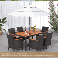 Tangkula 7 PCS Outdoor Dining Set, Patio Conversation Set with Acacia Wood Tabletop, Umbrella Hole, Removable Seat Cushions