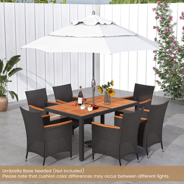 Tangkula 7 PCS Outdoor Dining Set, Patio Conversation Set with Acacia Wood Tabletop, Umbrella Hole, Removable Seat Cushions