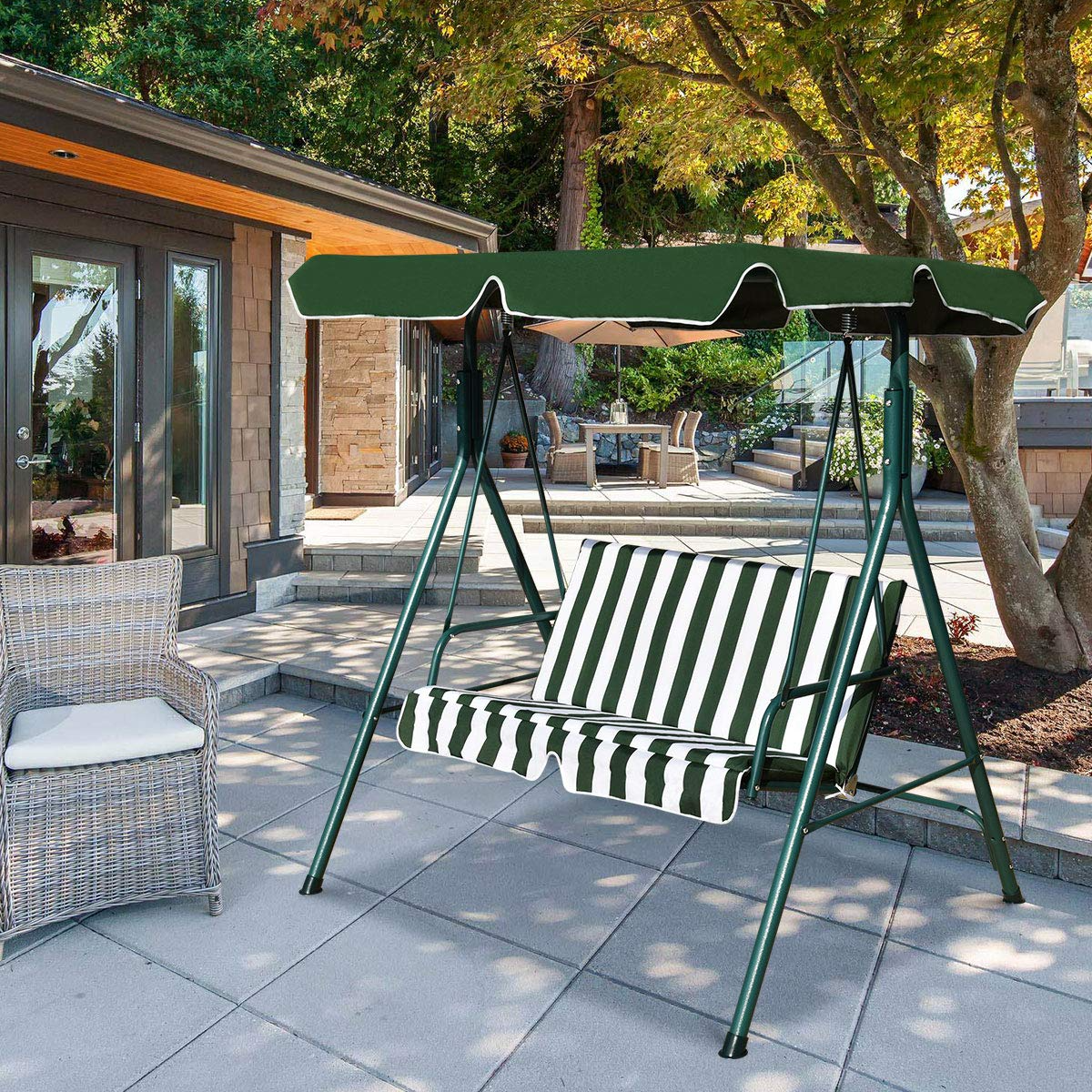 Tangkula 2-Person Patio Swing, Outdoor Yard Swing with Canopy & Cushion, Weather Resistant Steel Lounge Swing Chair