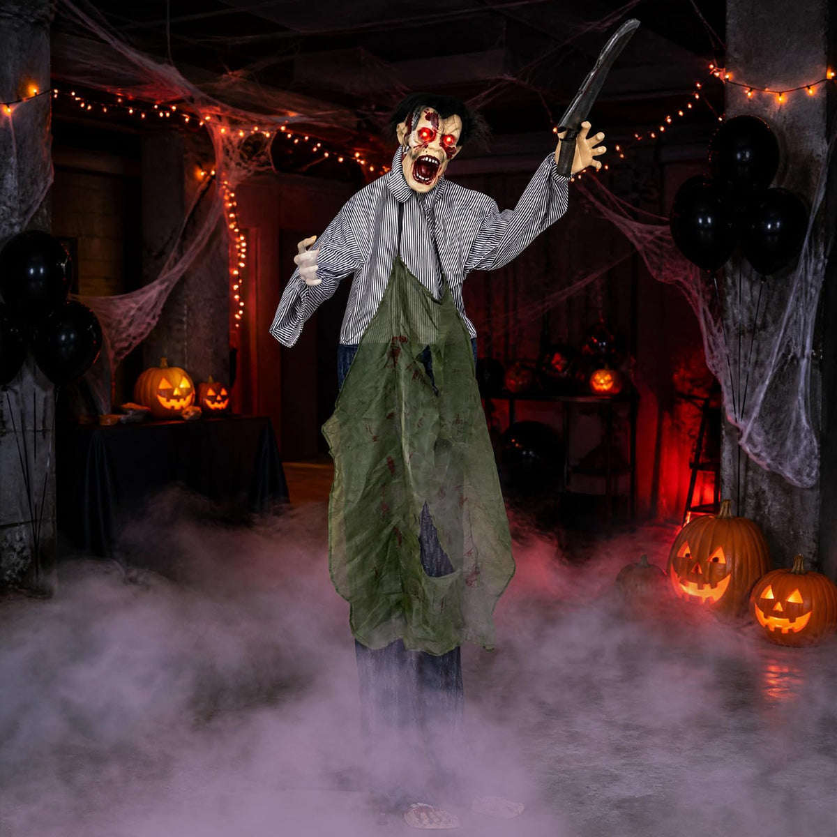 Tangkula Halloween Animated Standing Zombie Holding Knife with Glowing Eyes