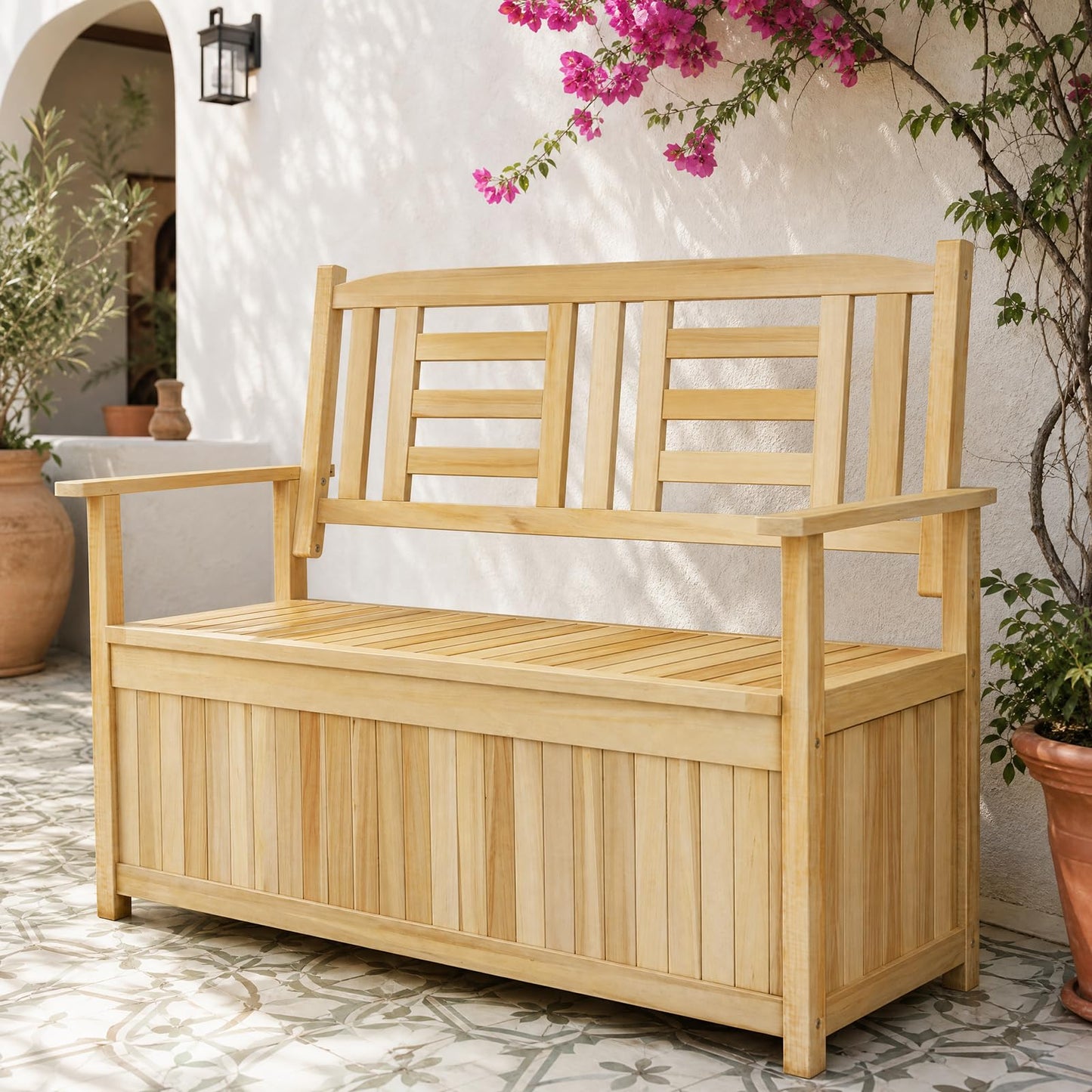 Tangkula Outdoor Wood Storage Bench for Garden