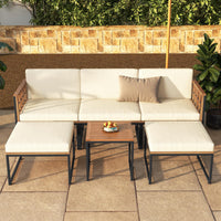 Tangkula 6 Pieces Acacia Wood Patio Furniture Set, Patiojoy Outdoor Sectional Conversation Sofa Set with Cushions