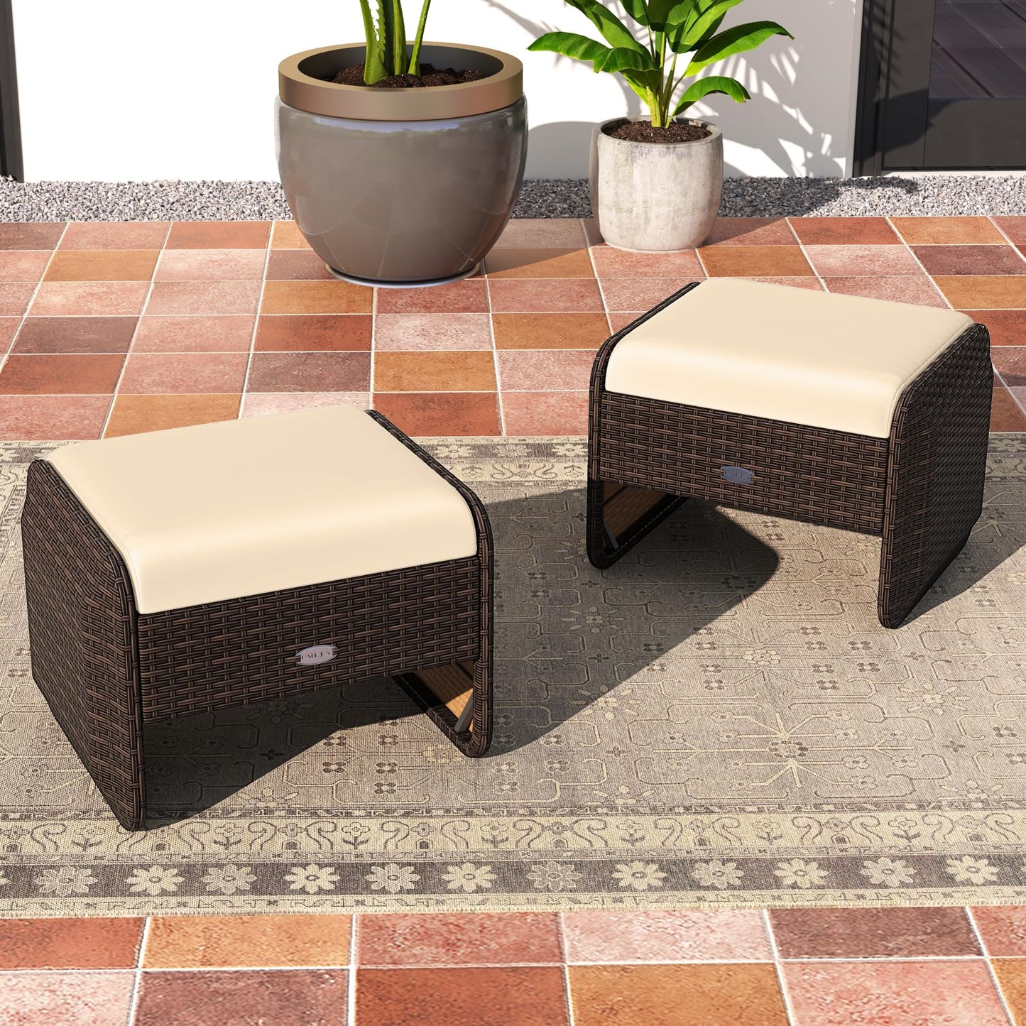Tangkula 2 poufs de terrasse en osier PE avec coussins amovibles