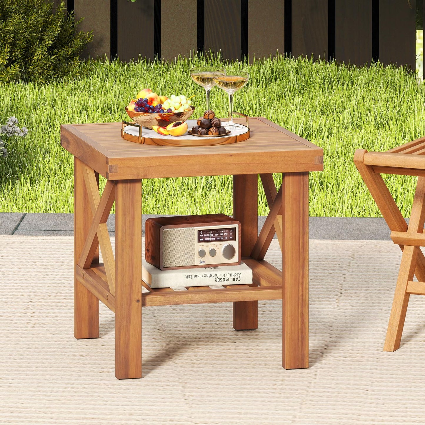 Tangkula Outdoor Side Table with Storage Shelf for Small Space