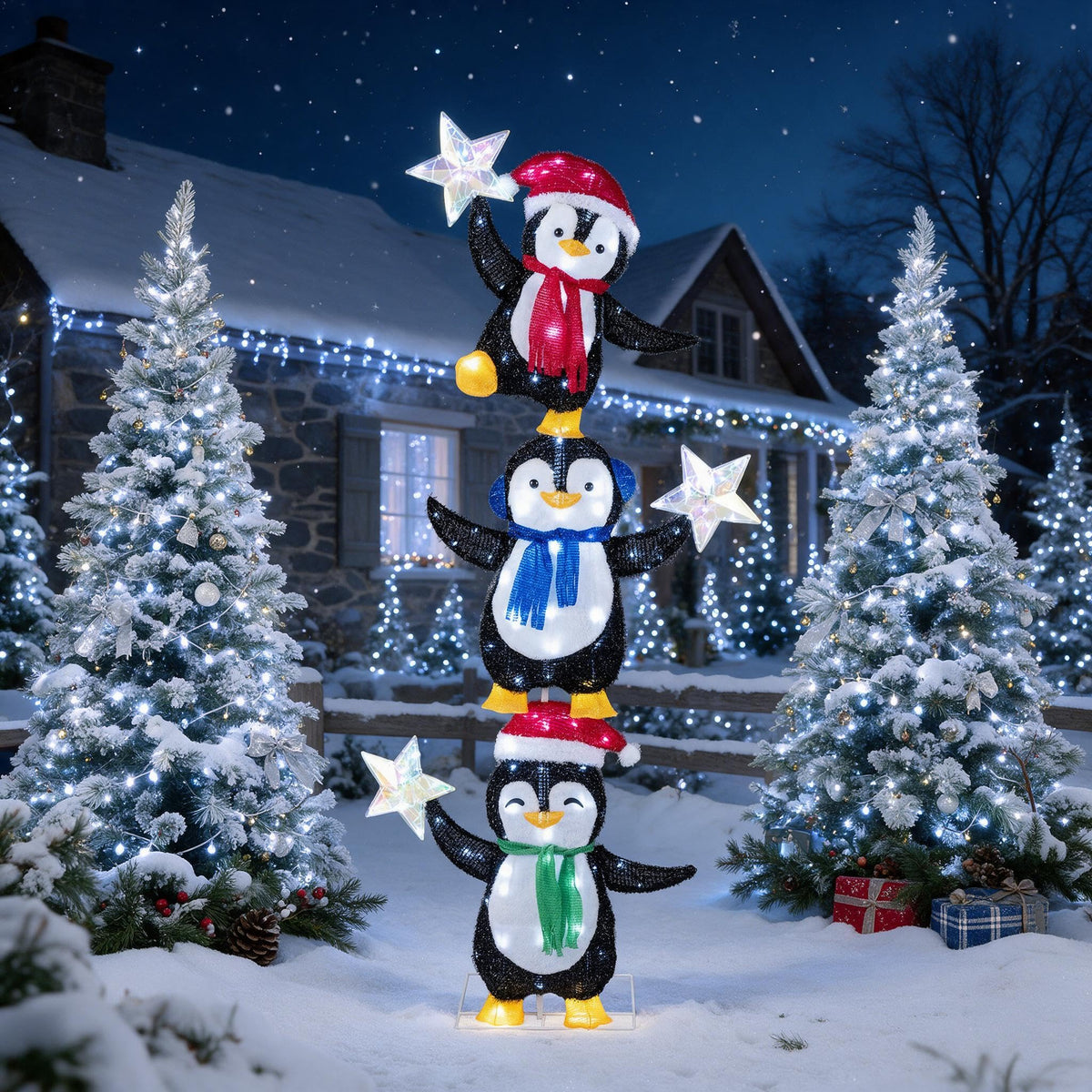 Tangkula 6 FT Lighted Christmas 3 Stacked Penguins