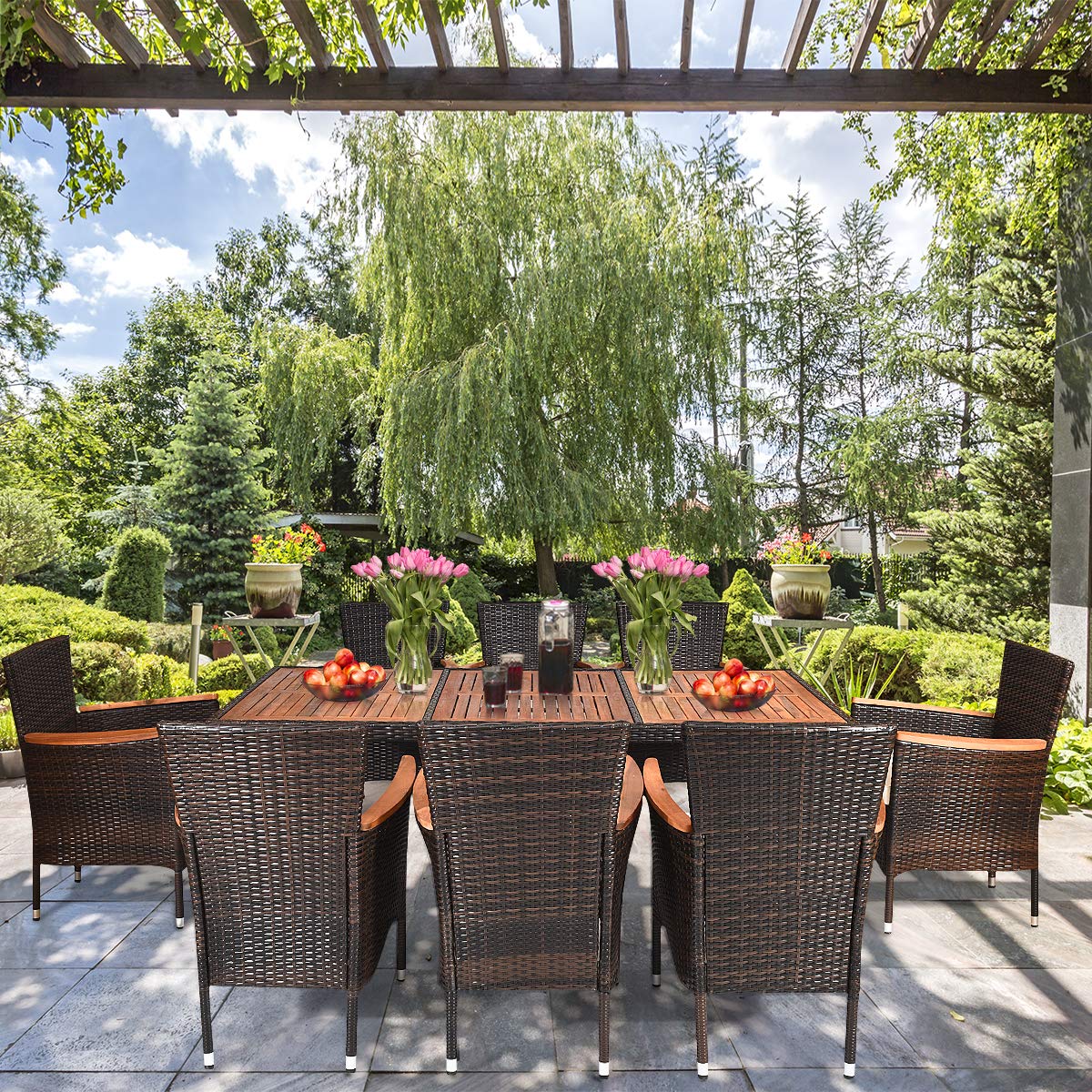 Tangkula 9 Piece Outdoor Dining Set with Acacia Wood Table and Stackable Armrest Chairs