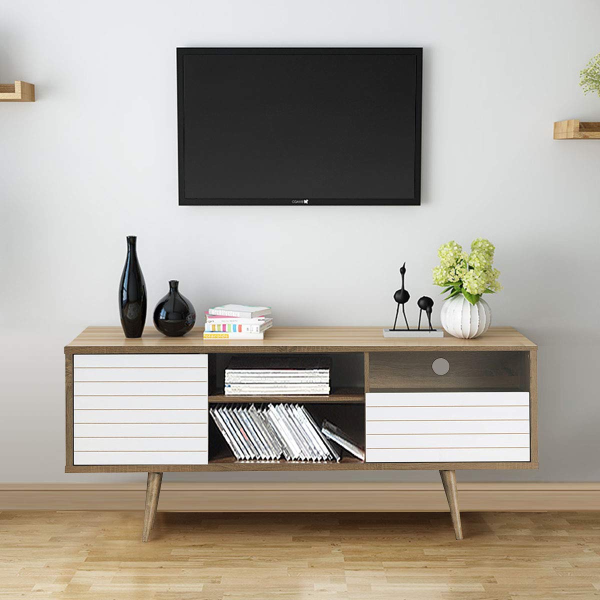 Tangkula Mid-Century Modern TV Stand for TVs up to 65 Inch, Wooden TV Console Table with Storage Shelves