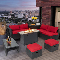 Tangkula 9 Pieces Outdoor Wicker Sectional Sofa with 42" 60,000 BTU Gas Fire Pit Table