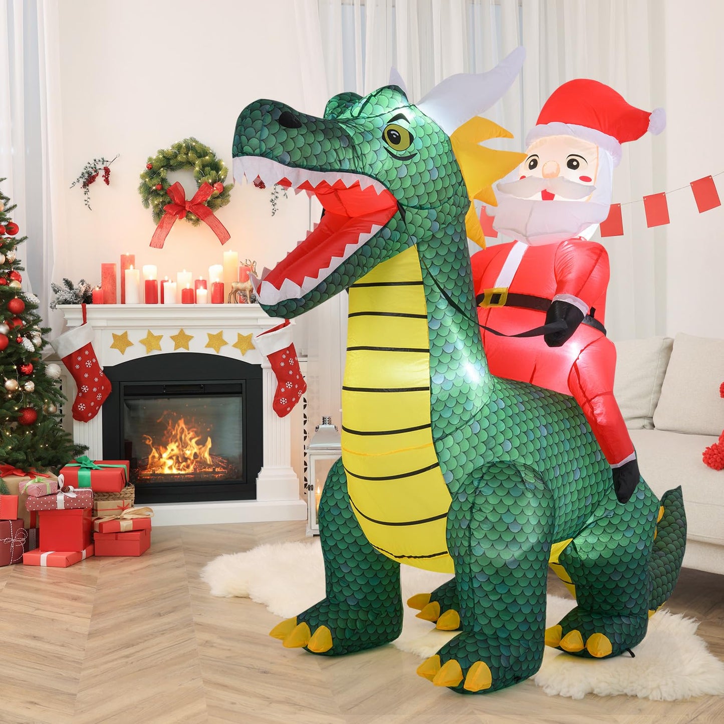 Tangkula 6 FT Christmas Inflatable Santa Claus Ride on Dinosaur