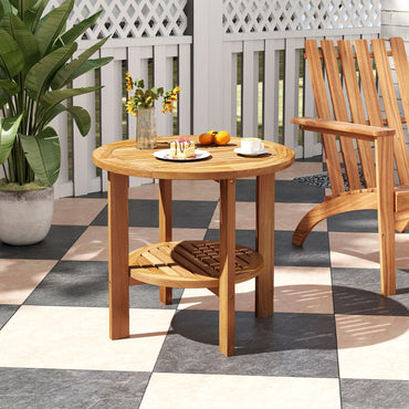 Tangkula Table d'appoint ronde d'extérieur, bois de teck, table d'appoint de patio de 49,5 cm avec étagère de rangement à lattes