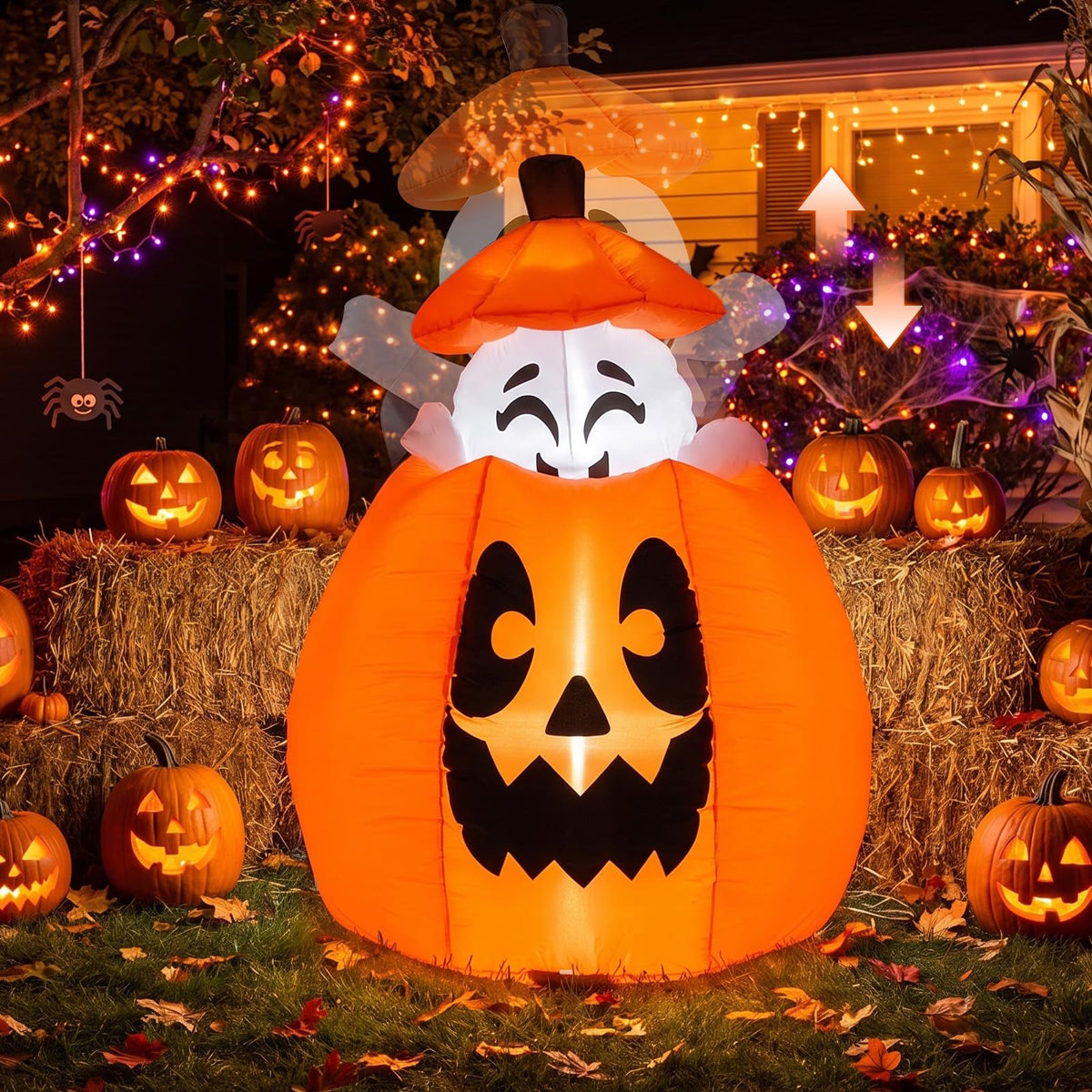 Tangkula 5 FT Halloween Lighted Inflatable Pumpkin with Animated Ghost