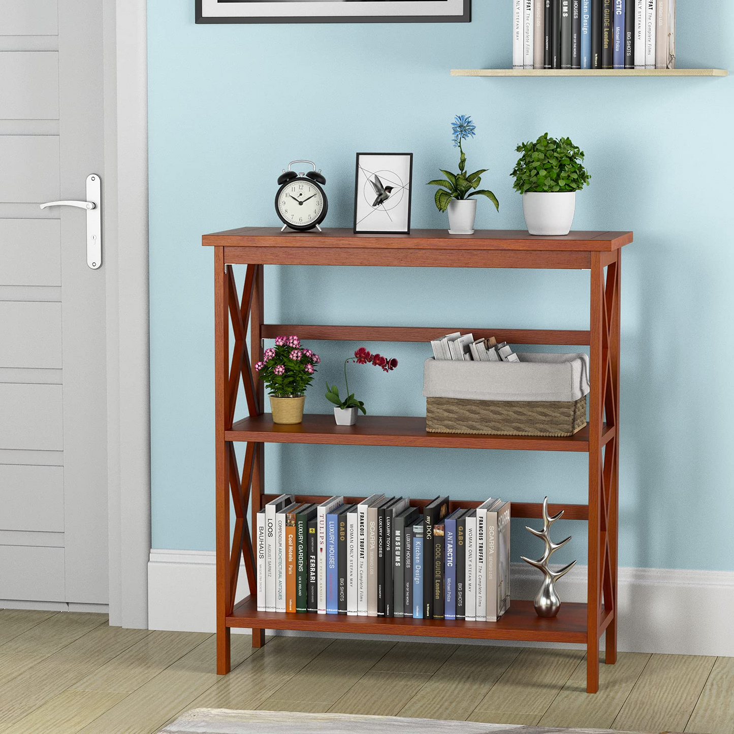 Tangkula 3-Tier Bookshelf, Vintage Wooden Bookcase with X-Style Frame