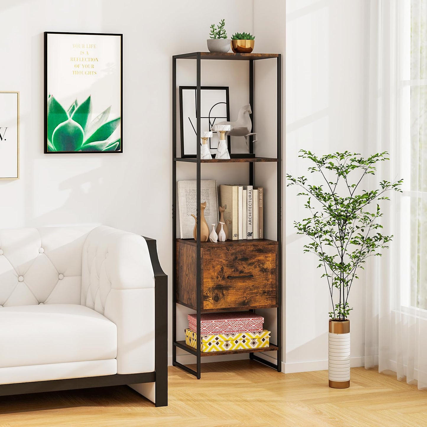 Tangkula Étagère Haute et Étroite de 159 cm avec Cadre Métallique et Kits Anti-basculement