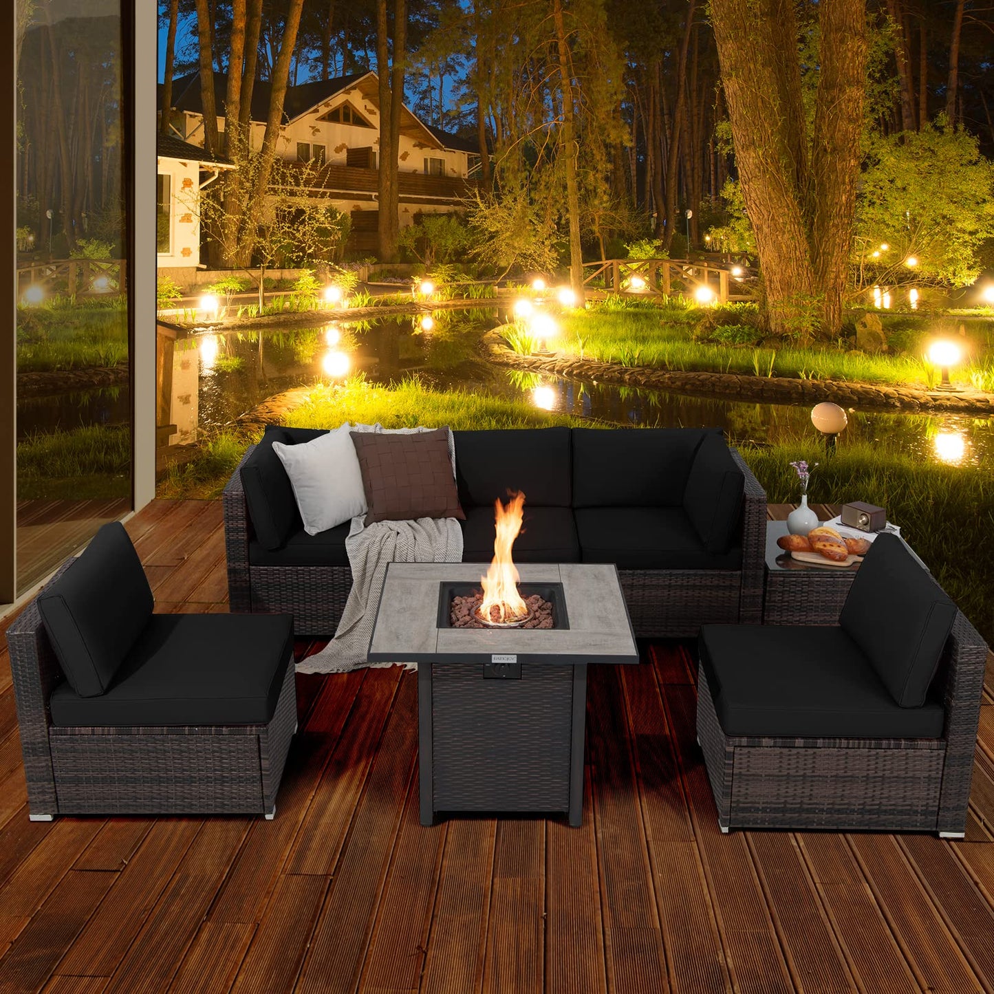 Ensemble de meubles de patio 7 pièces Tangkula avec table brasero, table brasero au propane 30 pouces 50 000 BTU