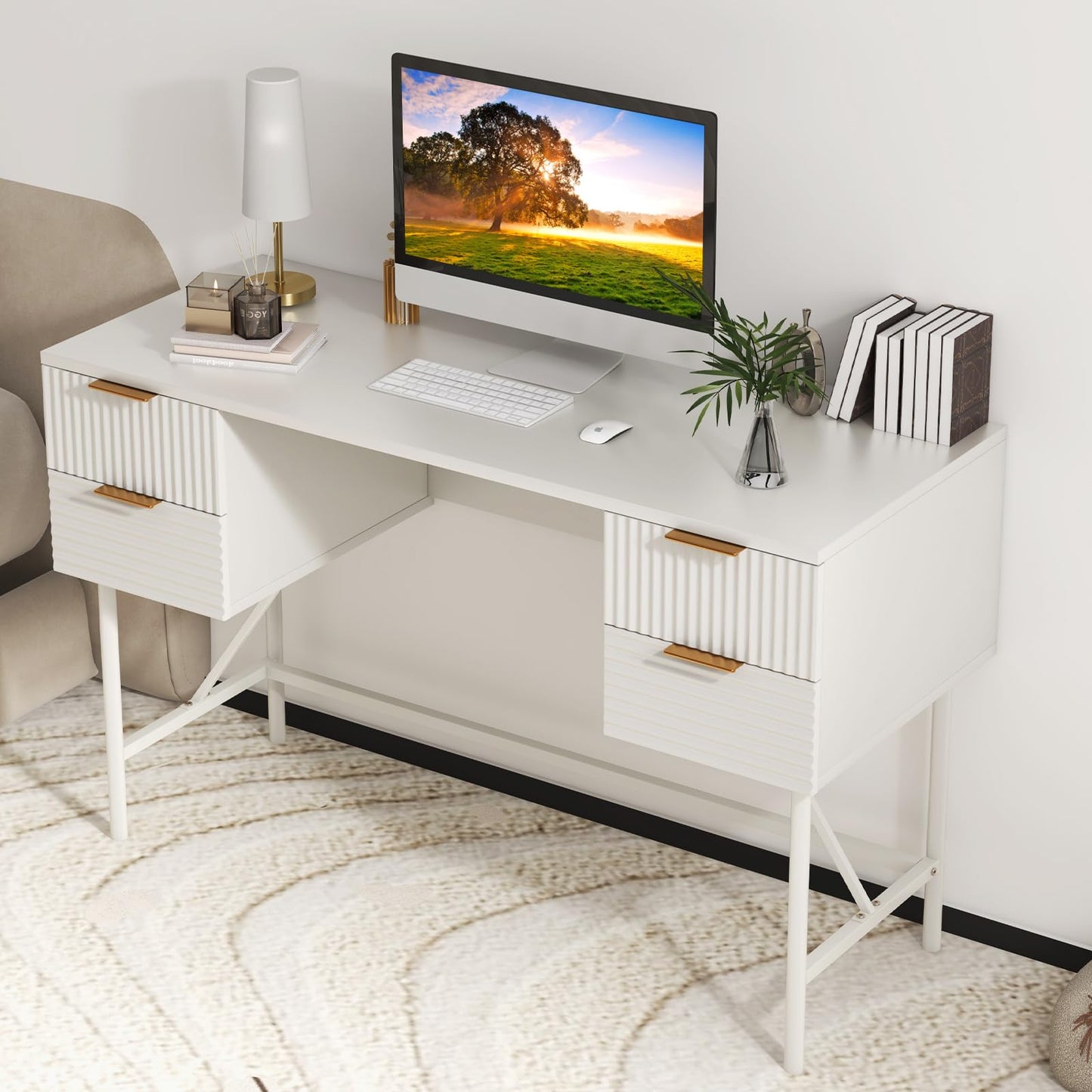 Tangkula White Desk with 4 Drawers, 48 Inch Home Office Desk with Storage, Writing Desk with Metal Frame for Bedroom, Study, Office