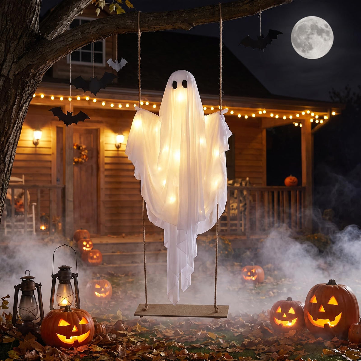 Tangkula 5 FT Halloween Hanging Swing Ghost Decoration with LED Lights