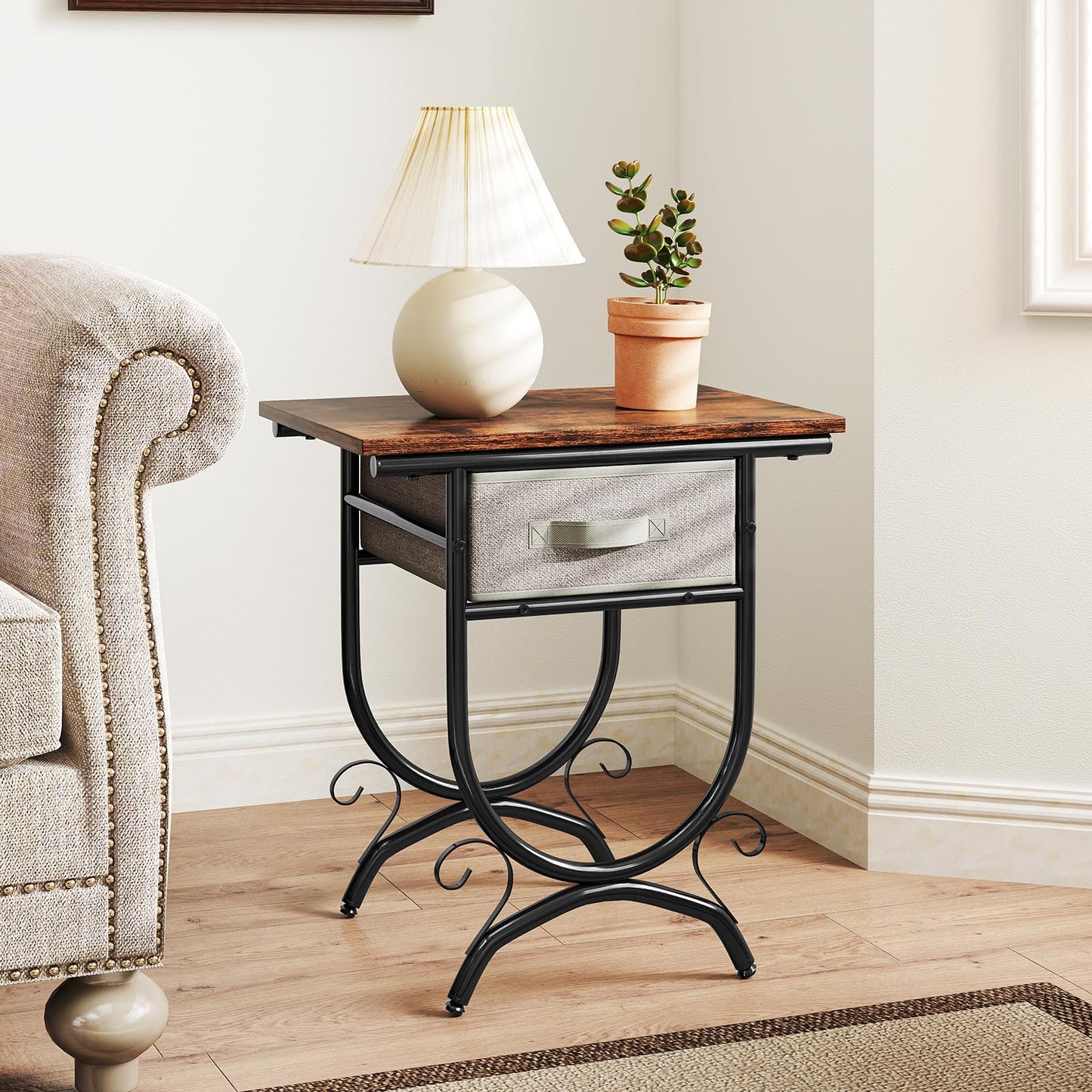 Tangkula Nightstand with Fabric Drawer for Bedroom Living Room Small Space