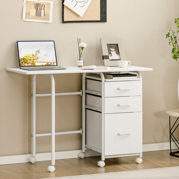 Tangkula White Folding Desk with 3 Drawers, Mobile Home Office Desk, Portable Laptop Desk Writing Table