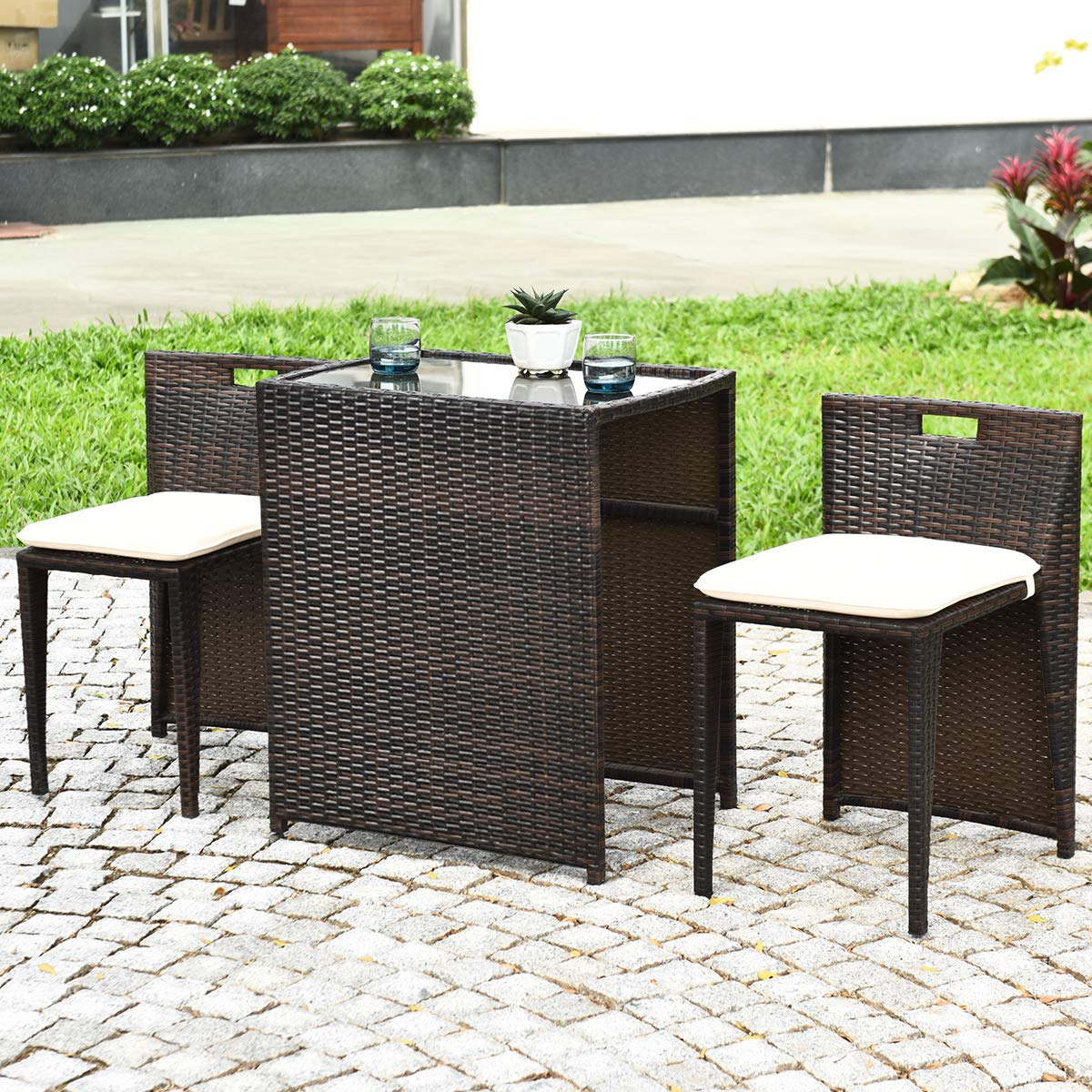 3 PCS Outdoor Rattan Dining Set  - Tangkula