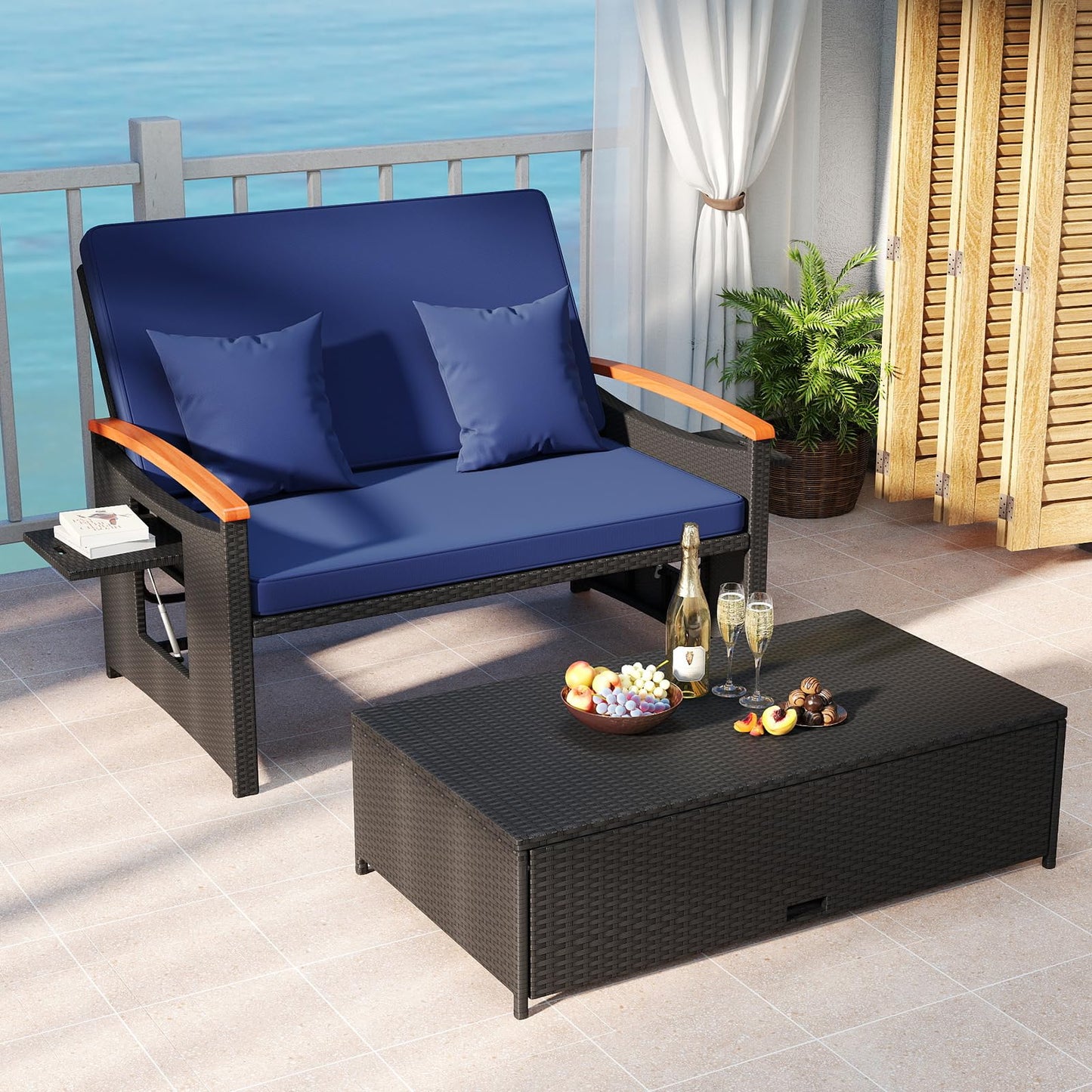 Tangkula Patio Rattan Daybed with 4-Level Adjustable Backrest | Double Sunbed for Yard & Poolside