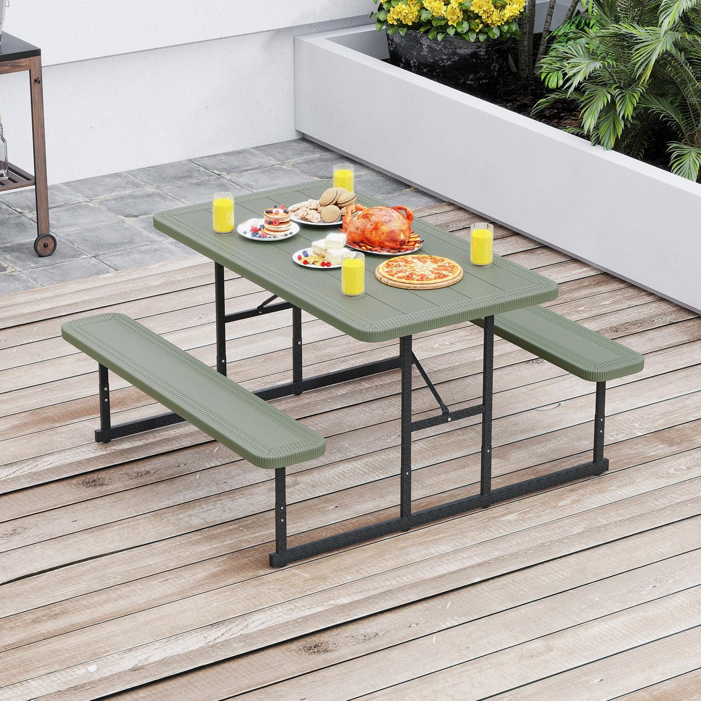 Tangkula HDPE Outdoor Rectangular Table Bench Set with 2 Built-in Benches