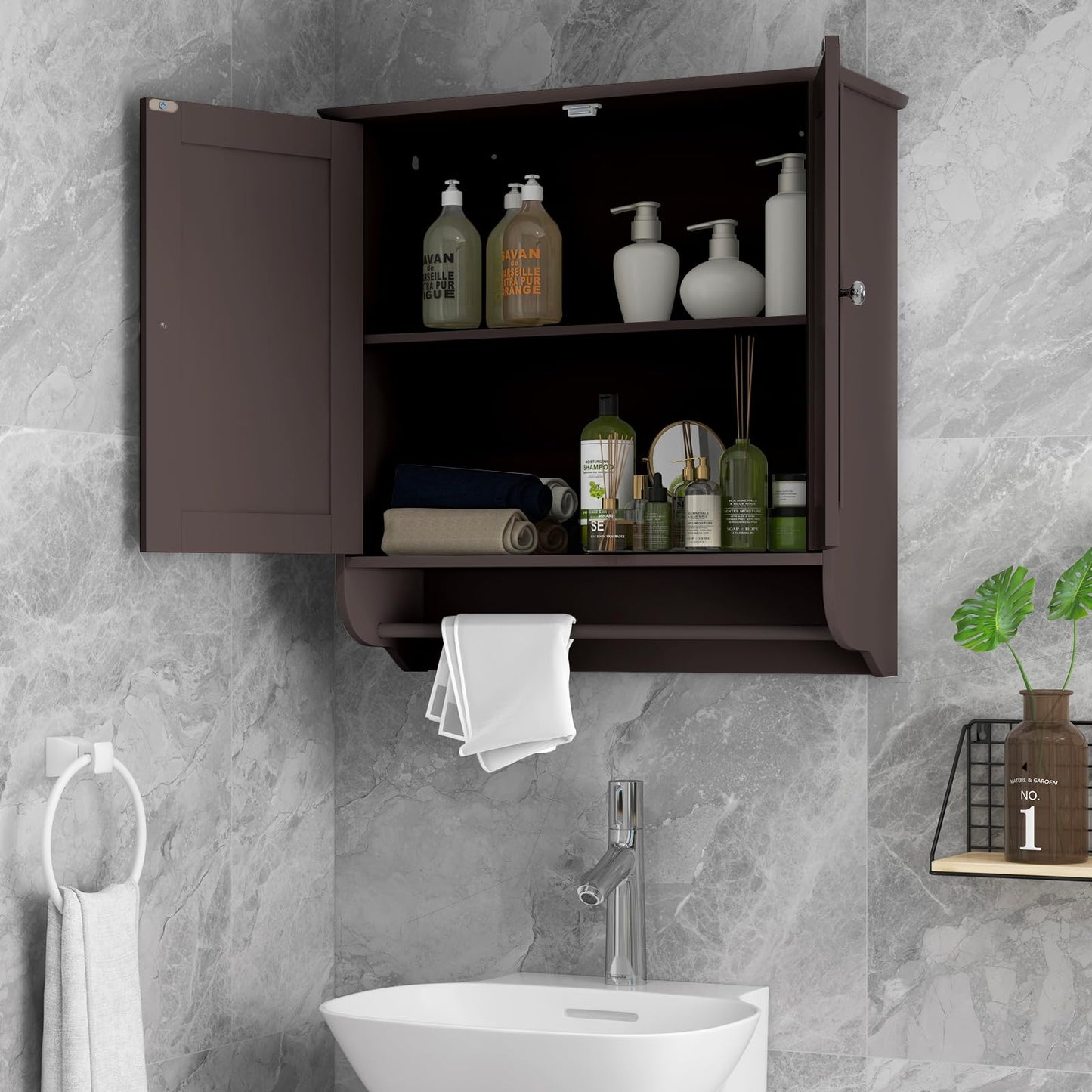 Tangkula Bathroom Cabinet Wall Mounted, Bathroom Medicine Cabinet with Towel Bar & Double Door & Adjustable Shelf