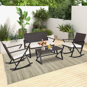 Tangkula 4 Piece Patio Rocking Furniture Set Patiojoy PE Wicker Loveseat