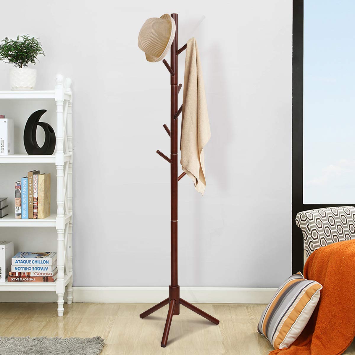 Tangkula Coat Rack Freestanding, Rubber Wood Coat Stand with 8 Hooks