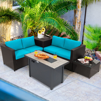 Tangkula 5-Piece Patio Furniture Set with 42 Inches Propane Fire Pit Table, Outdoor Wicker Conversation Set with Cushions
