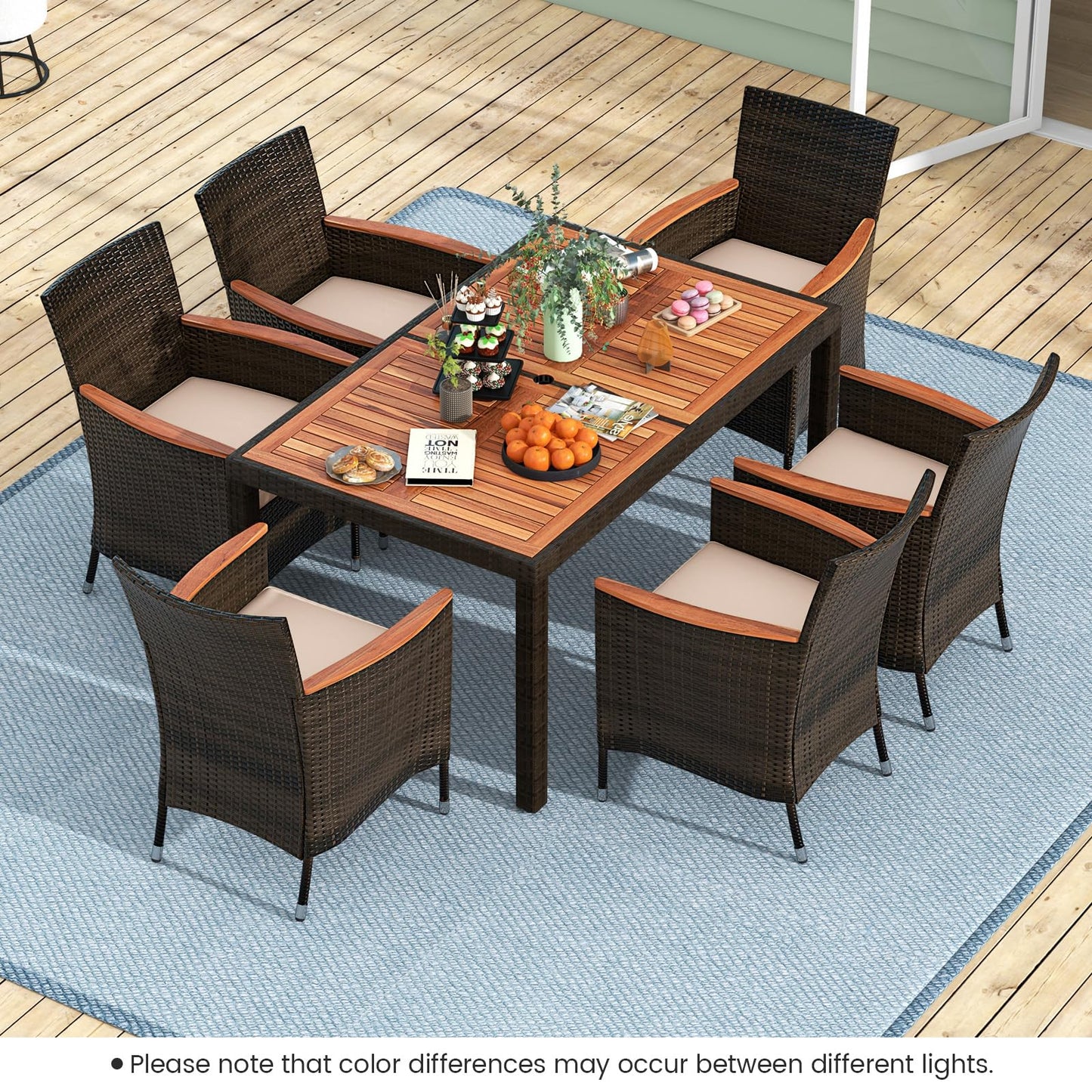Tangkula 7 or 9 Piece Outdoor Dining Set, Patio Wicker Furniture Set with Acacia Wood Table Top w/Umbrella Hole