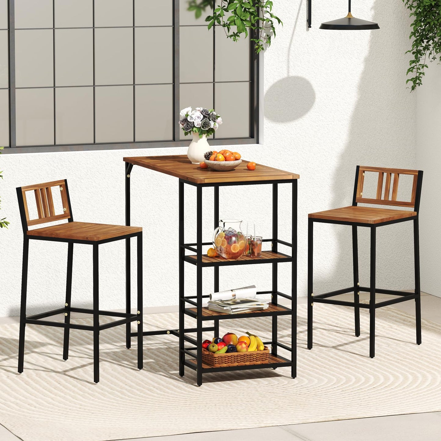 Tangkula 3 Pieces Wood Patio Bar Set with 3 Shelves