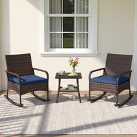 Tangkula 3-Piece Outdoor Wicker Rocking Bistro Set with 2-Tier Coffee Table