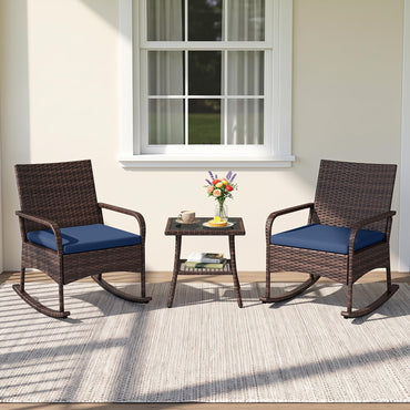 Tangkula 3-Piece Outdoor Wicker Rocking Bistro Set with 2-Tier Coffee Table