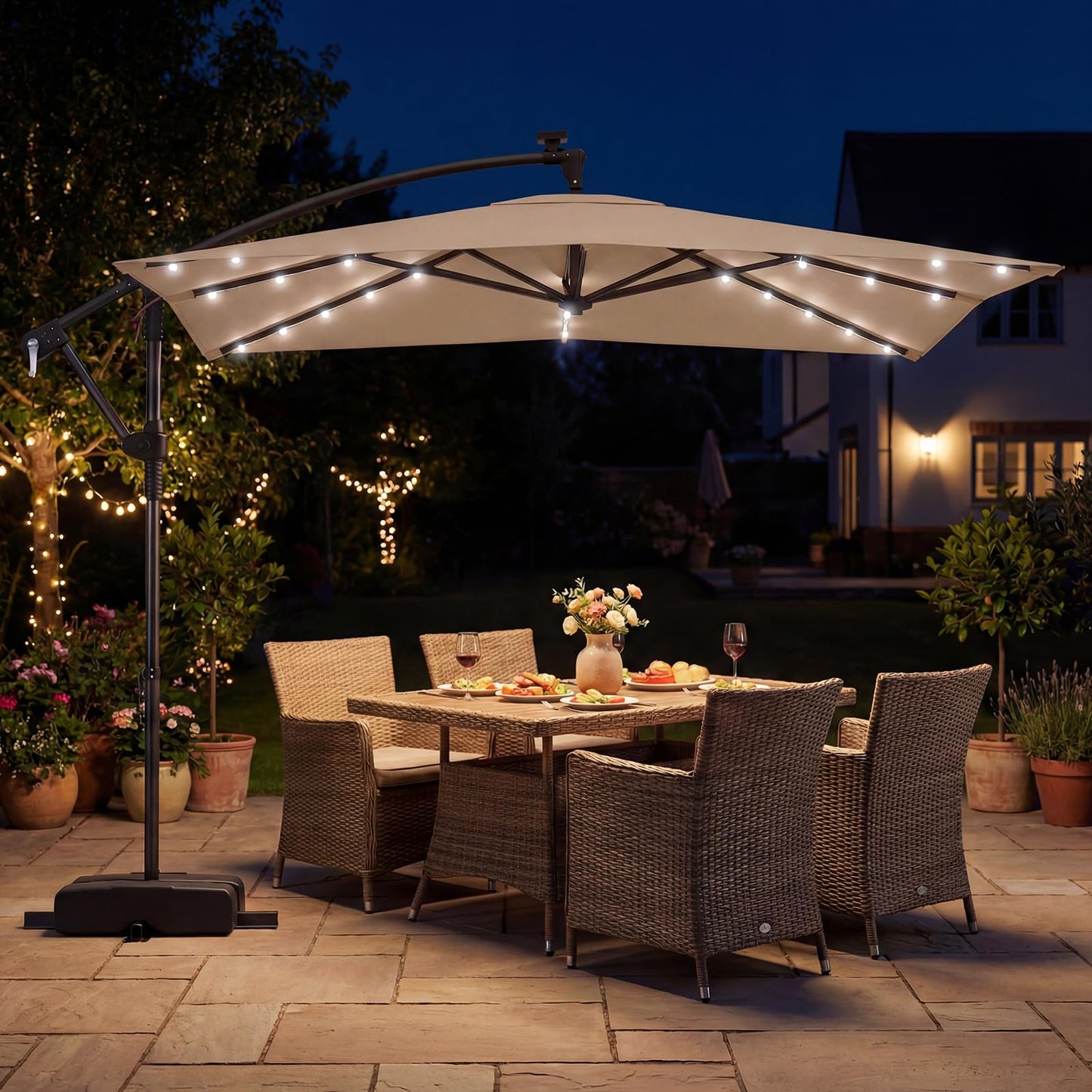 Tangkula 8x8 FT Solar Patio Umbrella with Base Included Square Offset Cantilever 360 Degree Rotation 32 LED Lights