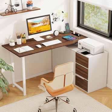 Tangkula Reversible L-Shaped Desk with File Cabinet & 3 Drawers