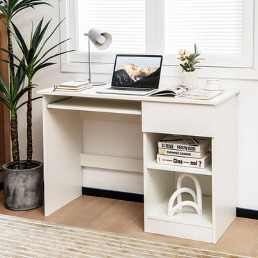 Tangkula Desk with Drawer, Wooden Computer Desk with Pull-Out Keyboard Tray & Adjustable Storage Shelves