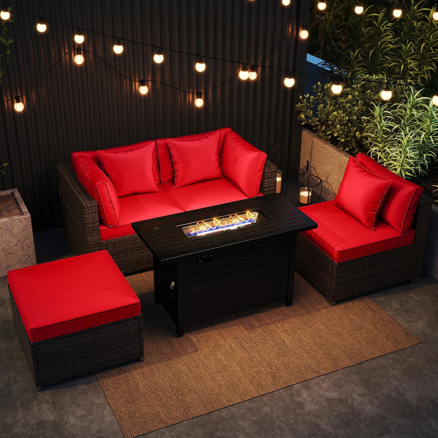 Tangkula 5 Piece Patio Rattan Sectional Sofa Set with 60,000 BTU Firepit Table