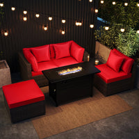 Tangkula 5 Piece Patio Rattan Sectional Sofa Set with 60,000 BTU Firepit Table