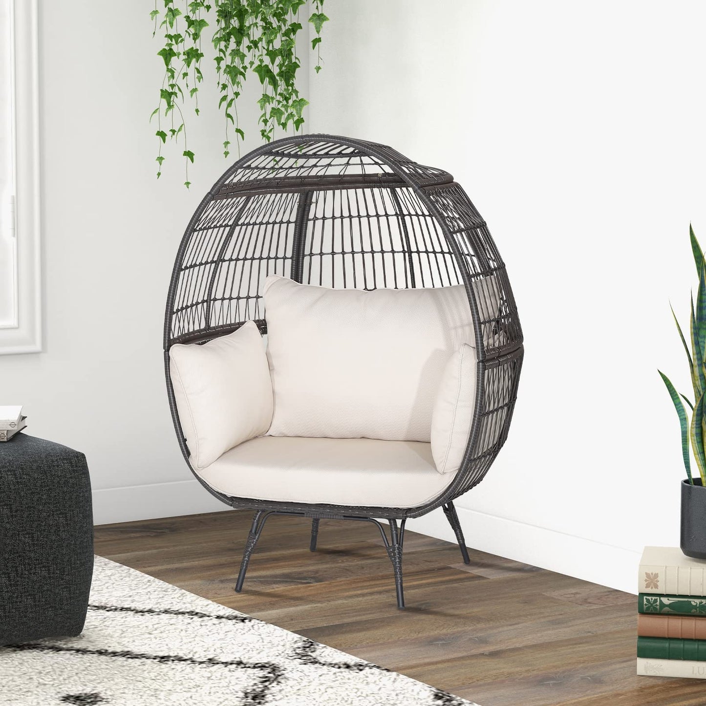 Tangkula Oversized Wicker Egg Chair, Wicker Patio Basket Circle Lounge Chair w/Metal Stand & 4 Thick Cushions, 450 LBS Max Load