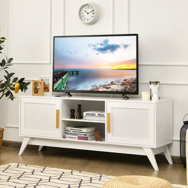 Tangkula Rattan TV Stand for TVs Up to 65 Inches with Cable Holes for Bedroom Living Room