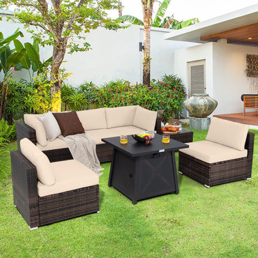 Tangkula 7 Piece Patio Furniture Set w/Fire Pit Table, Patiojoy Outdoor Rattan Conversation Sofa Set